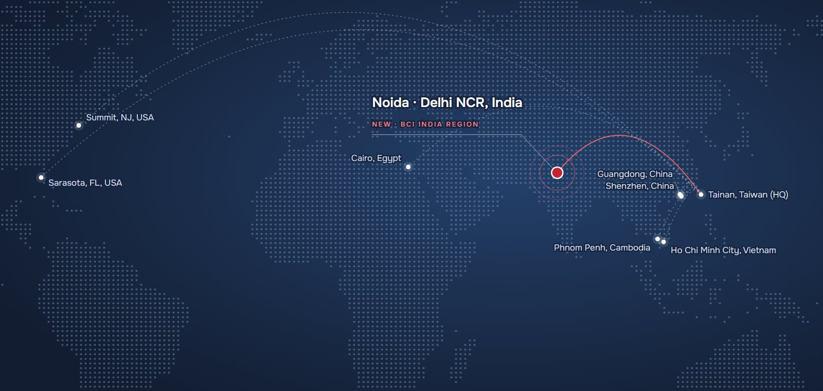 World map of BCI offices, with BCI India Region in Noida, Delhi NCR
